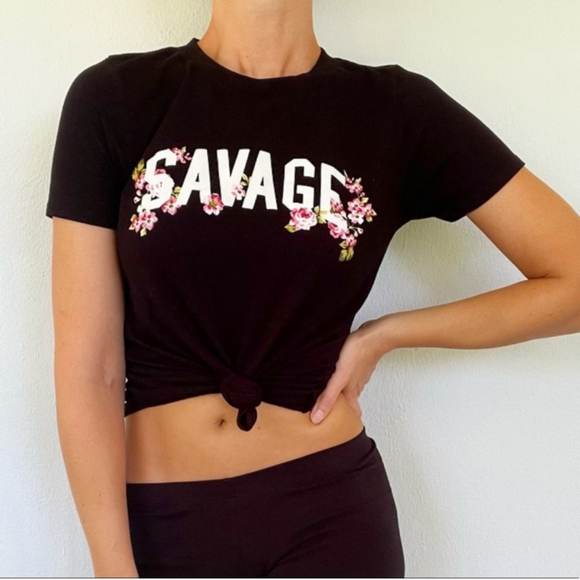 Modern Lux Black 'Savage' Tee with Floral Accents - Picture 3 of 6